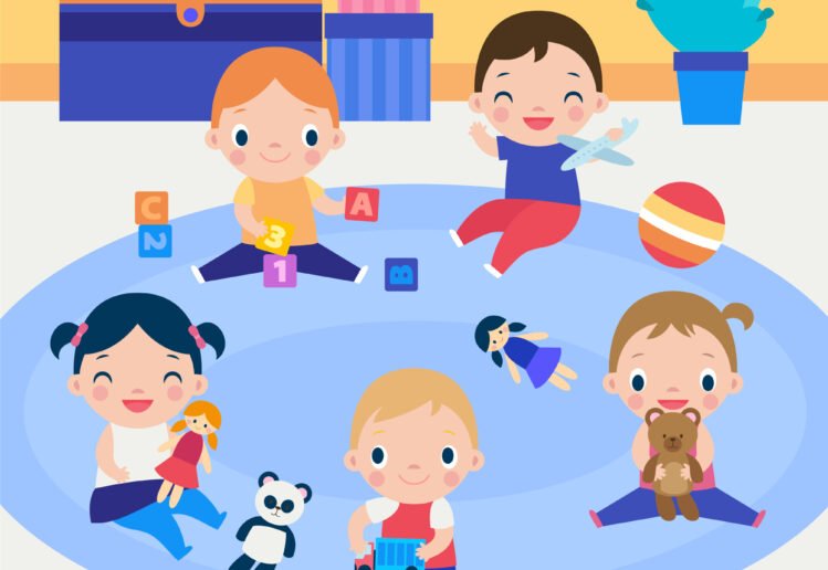 A colorful illustration of toddlers playing with toys on a blue rug in a cheerful playroom.