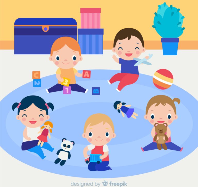 A colorful illustration of toddlers playing with toys on a blue rug in a cheerful playroom.